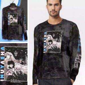 Mens Small INUYASHA Long Sleeve Graphic Print T-Shirt Anime Tie Dye Gray
